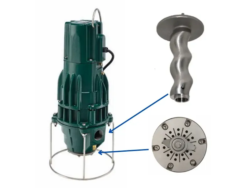 Detalle del rotor y sistema triturador de acero inoxidable de una bomba sumergible de cavidad progresiva de alta carga.